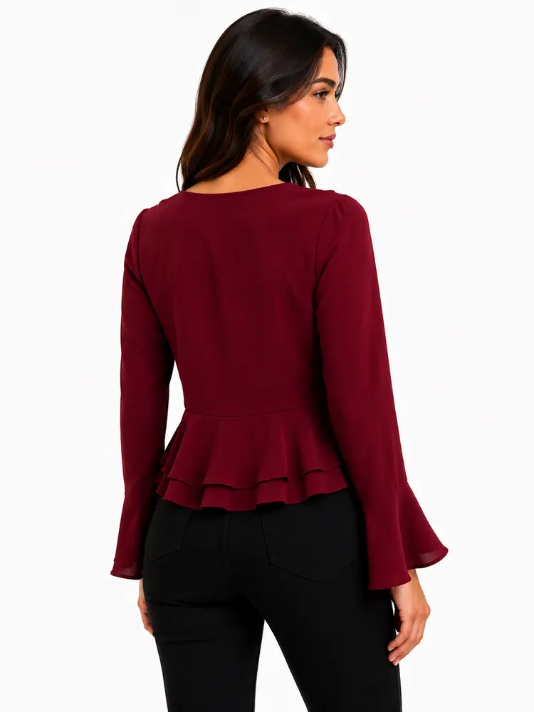 Blusa Feminina Crepe Manga Longa Com Babado .WS7135