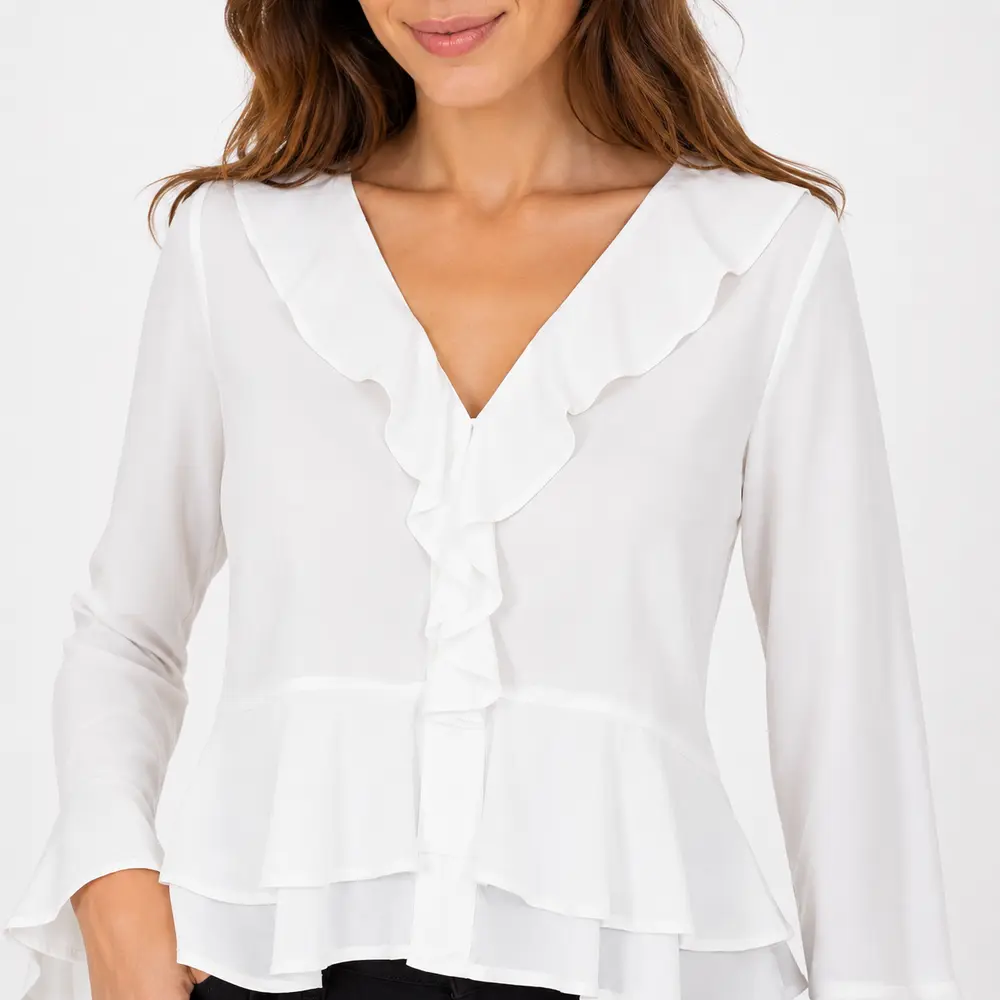Blusa Feminina Crepe Manga Longa Com Babado .WS7135