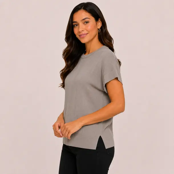 Blusa Feminina Manga Curta Tricô Modal .S1119 Cinza