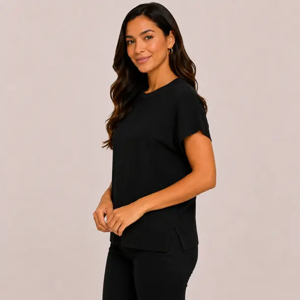 Blusa Feminina Manga Curta Tricô Modal .S1119 Preto