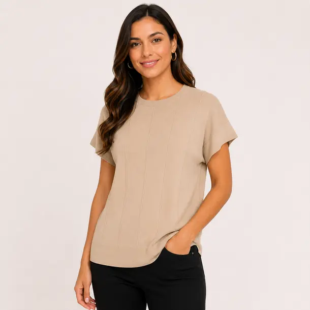 Blusa Feminina Manga Curta Tricô Modal .S1119 Bege