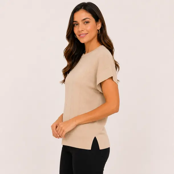 Blusa Feminina Manga Curta Tricô Modal .S1119 Bege