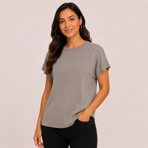Blusa Feminina Manga Curta Tricô Modal .S1119 Cinza