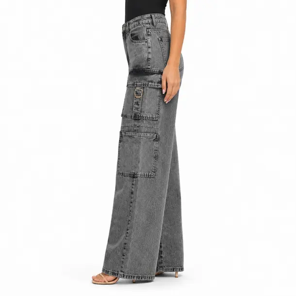 Calça Jeans Feminina Wide Leg Cargo .3726 Lav Preto