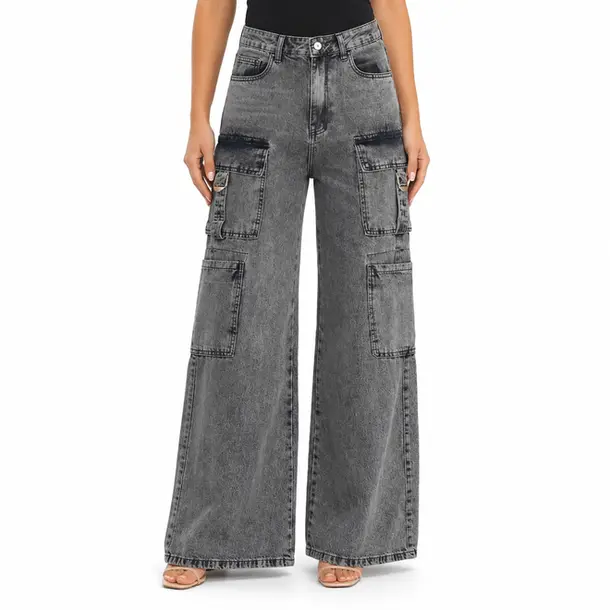 Calça Jeans Feminina Wide Leg Cargo .3726 Lav Preto