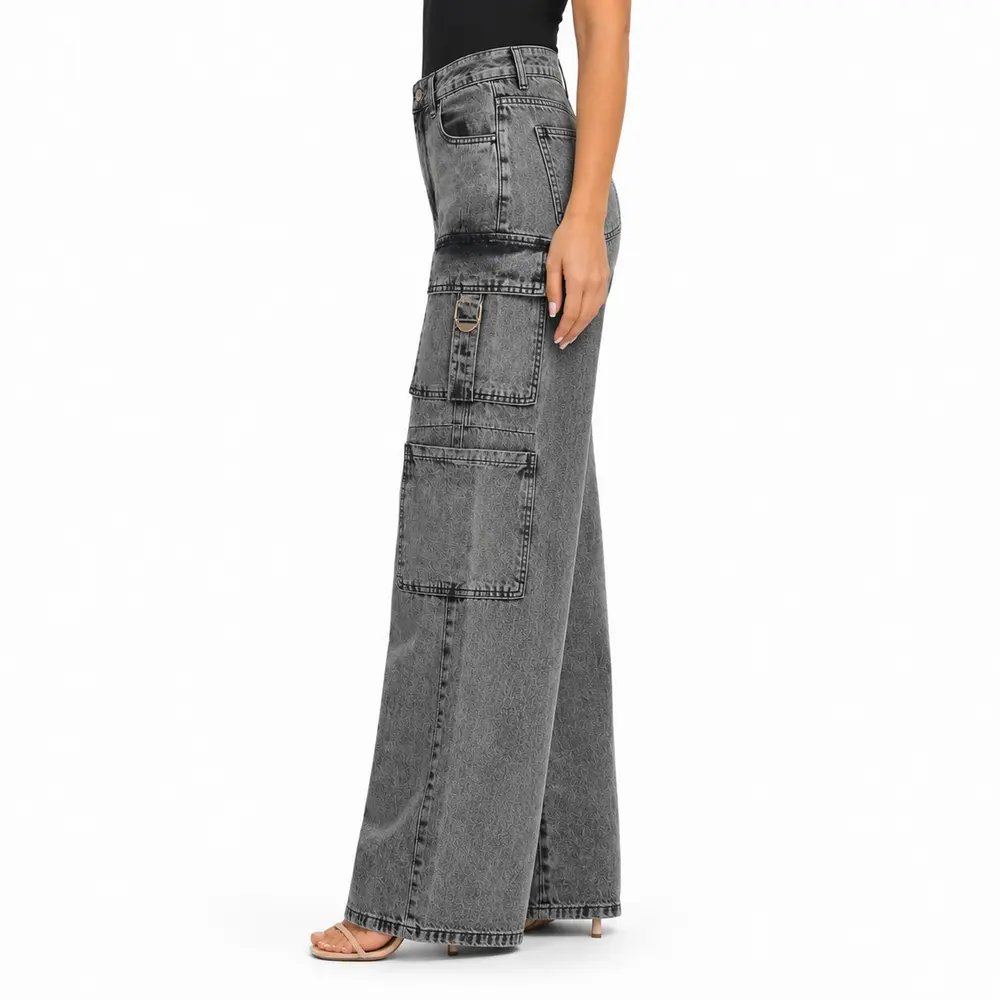 Calça Jeans Feminina Wide Leg Cargo .3726