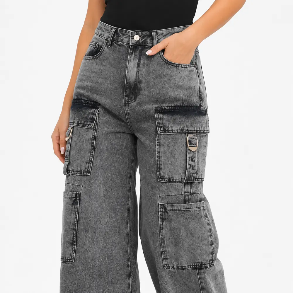 Calça Jeans Feminina Wide Leg Cargo .3726