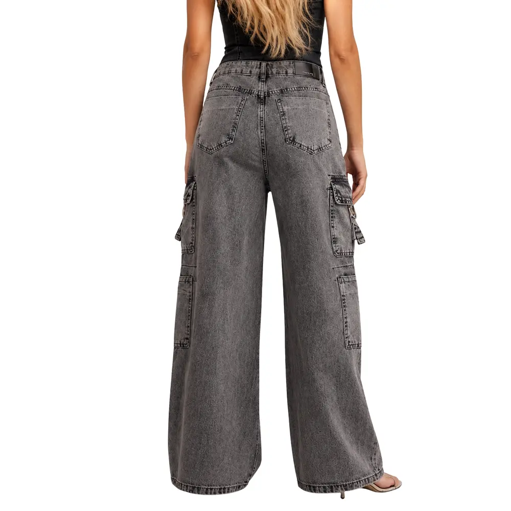 Calça Jeans Feminina Wide Leg Cargo .3726