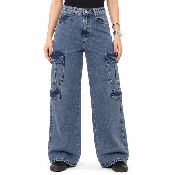 Calça Jeans Feminina Wide Leg Cargo .3735 Lav Escura