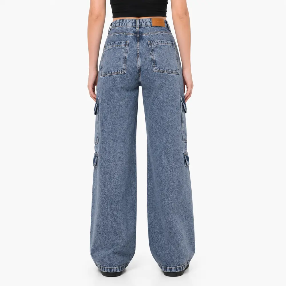 Calça Jeans Feminina Wide Leg Cargo .3735