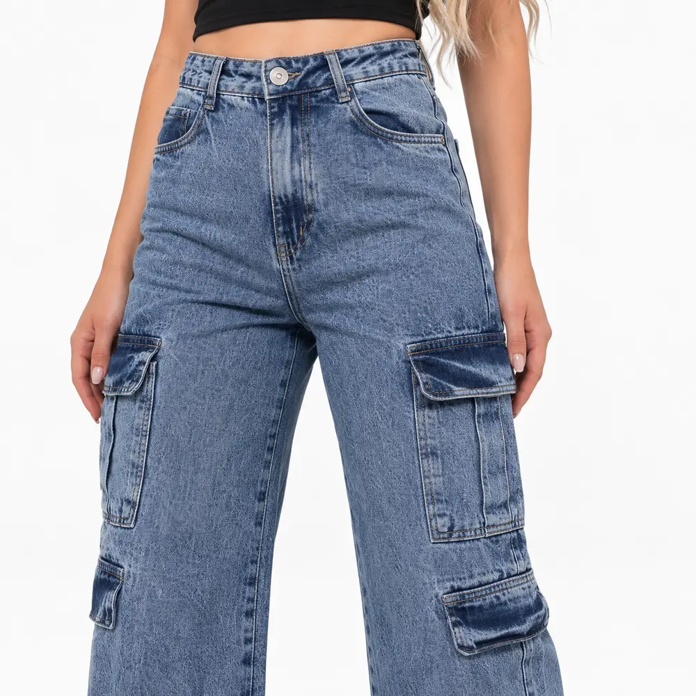 Calça Jeans Feminina Wide Leg Cargo .3735