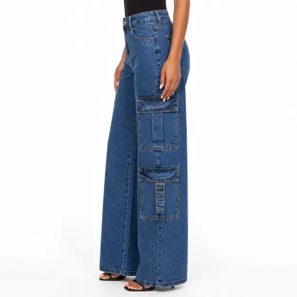 Calça Jeans Feminina Wide Leg Cargo .3906 Lav Escura