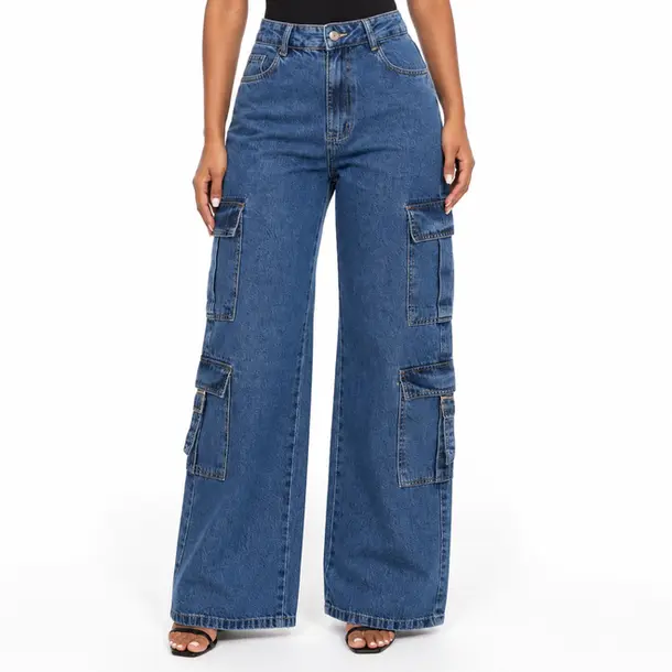 Calça Jeans Feminina Wide Leg Cargo .3906 Lav Escura