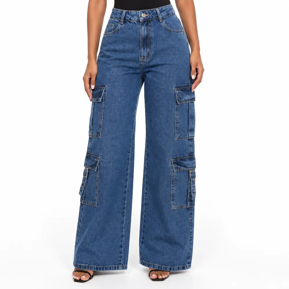Calça Jeans Feminina Wide Leg Cargo .3906