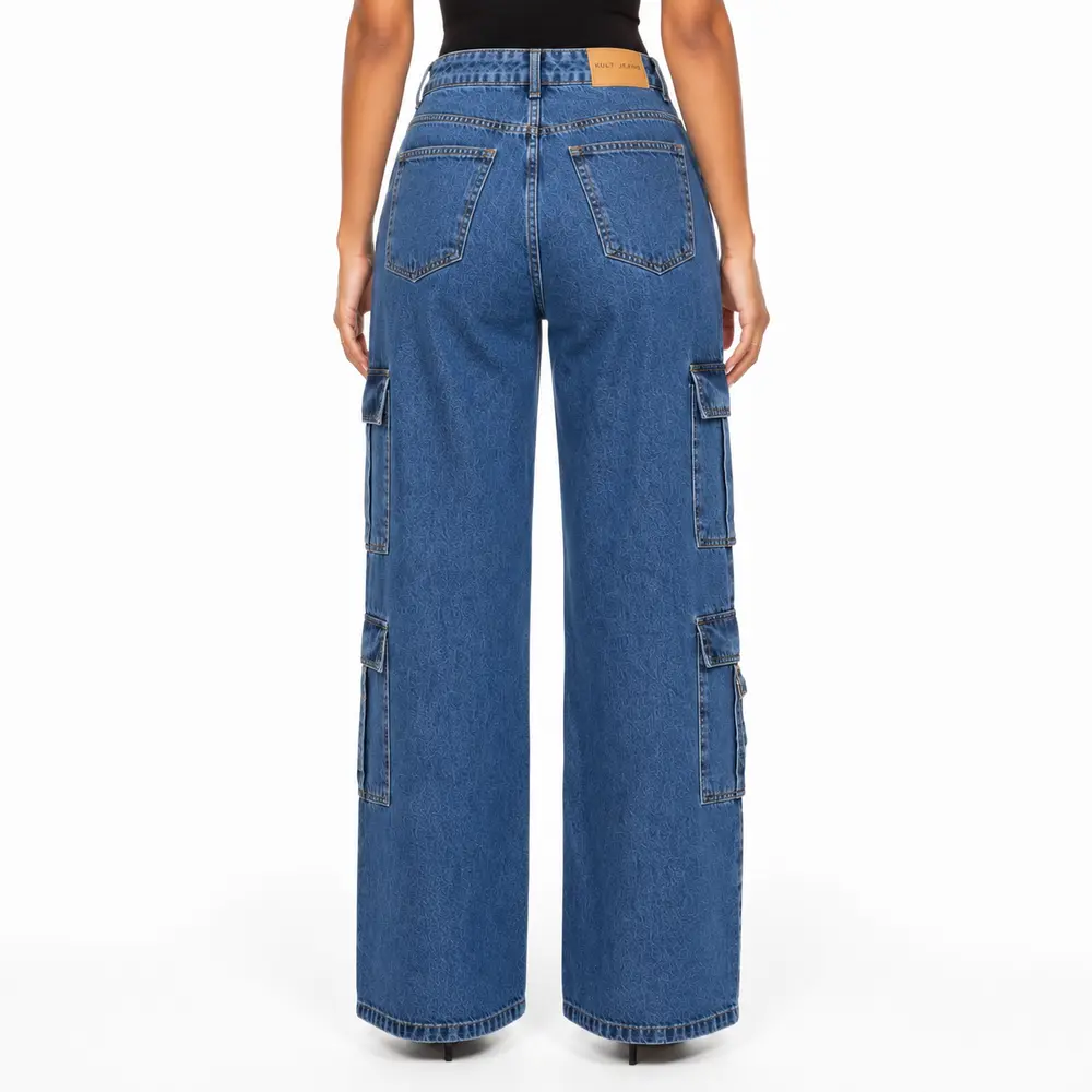 Calça Jeans Feminina Wide Leg Cargo .3906