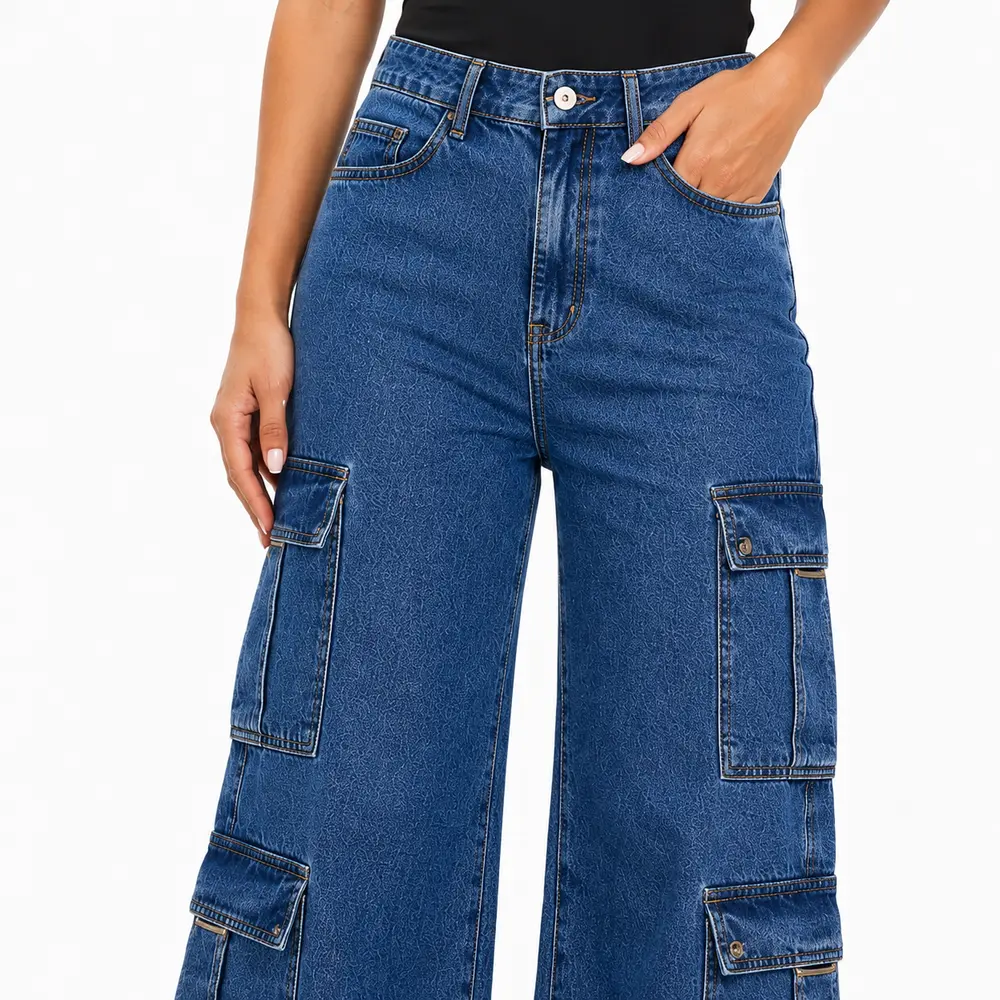 Calça Jeans Feminina Wide Leg Cargo .3906