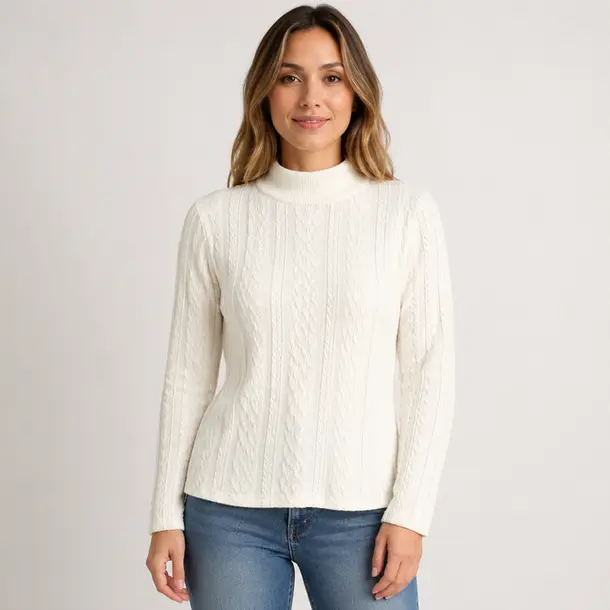 Blusa Feminina Manga Longa Gola Alta Texturizada .23250016 Off White