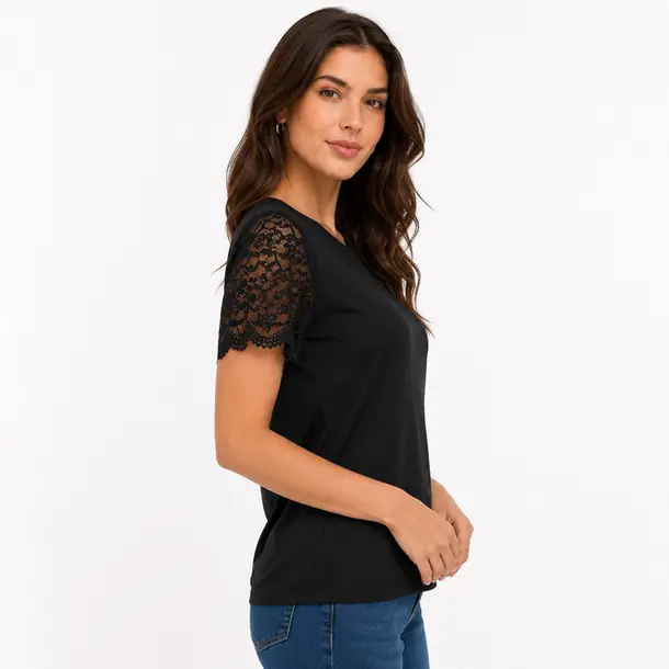 Blusa Feminina Manga Curta Com Renda .2603 Preto