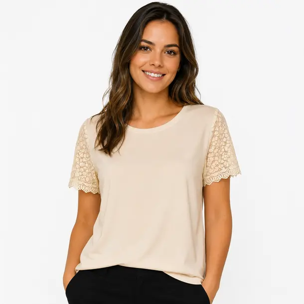 Blusa Feminina Manga Curta Com Renda .2603 Bege