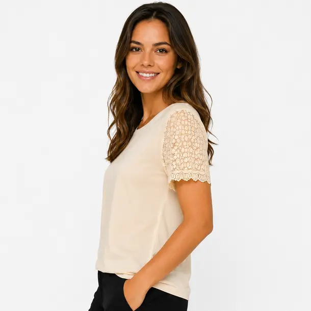 Blusa Feminina Manga Curta Com Renda .2603 Bege