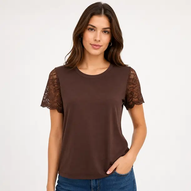 Blusa Feminina Manga Curta Com Renda .2603 Marrom