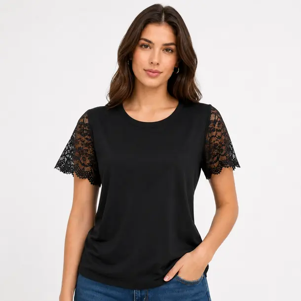 Blusa Feminina Manga Curta Com Renda .2603 Preto