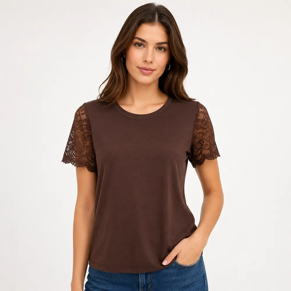 Blusa Feminina Manga Curta Com Renda .2603