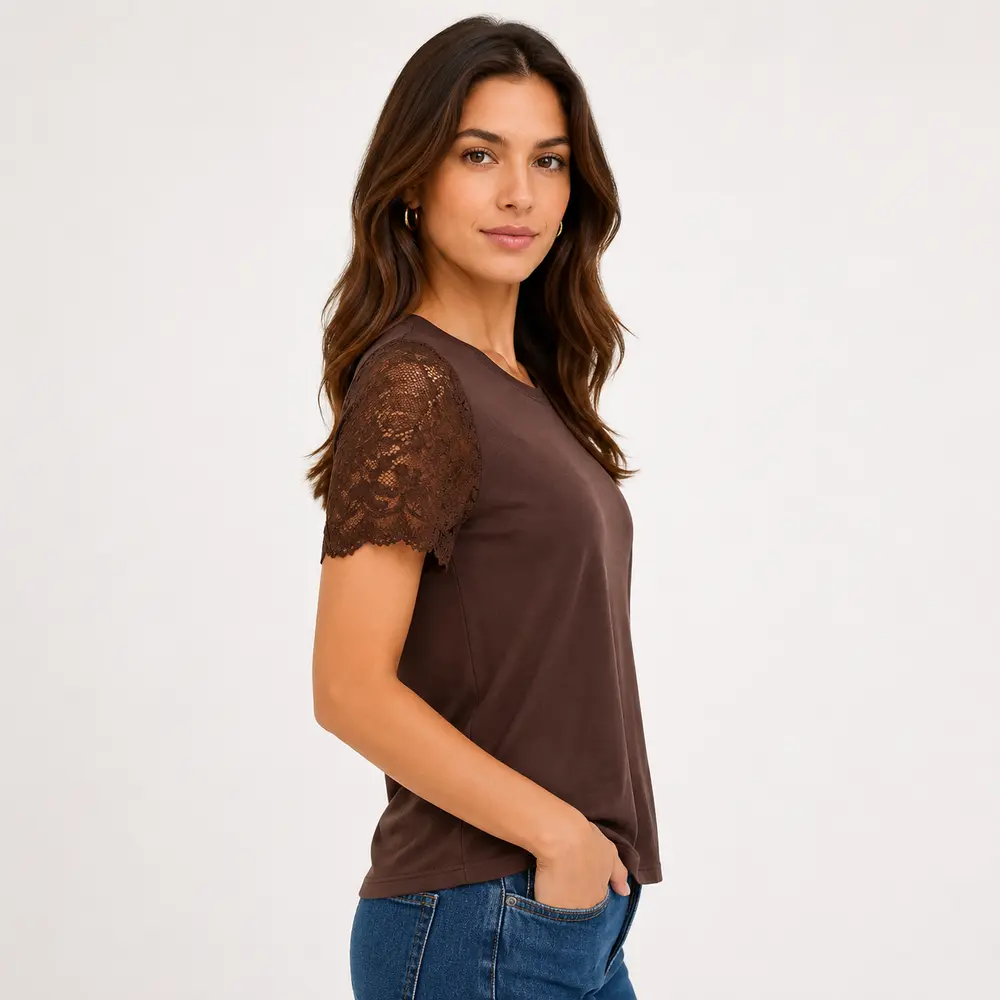 Blusa Feminina Manga Curta Com Renda .2603