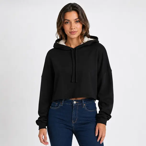 Blusão Feminino Moletom Cropped Com Pelo E Capuz .6250062 Preto