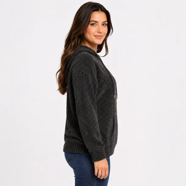 Blusão Feminino Manga Longa Tricô Mousse com Capuz .CJD45 Preto