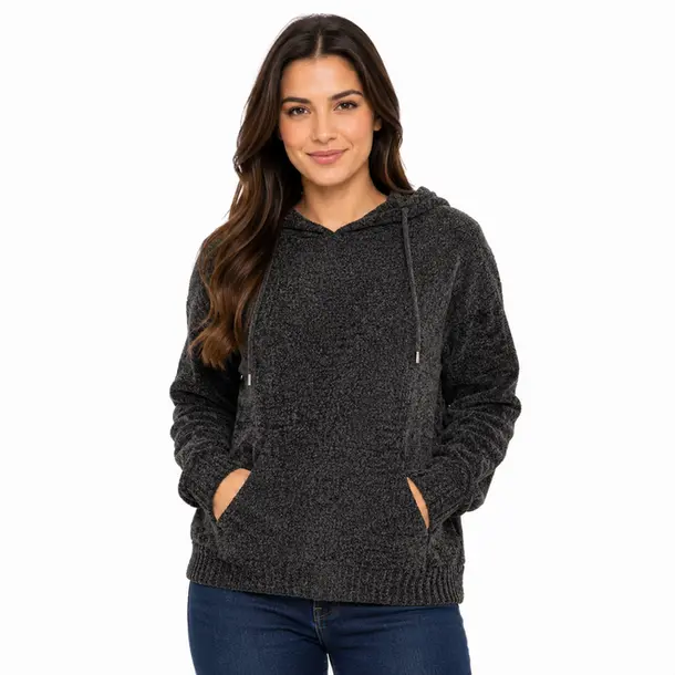 Blusão Feminino Manga Longa Tricô Mousse com Capuz .CJD45 Preto