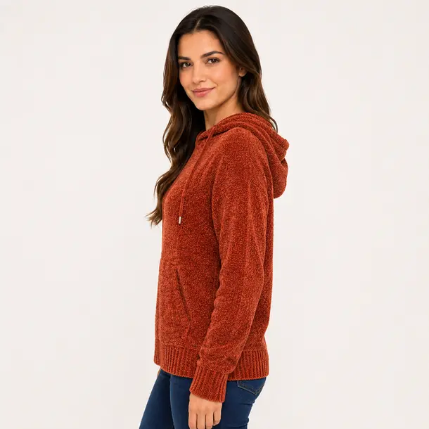 Blusão Feminino Manga Longa Tricô Mousse com Capuz .CJD45 Terracota