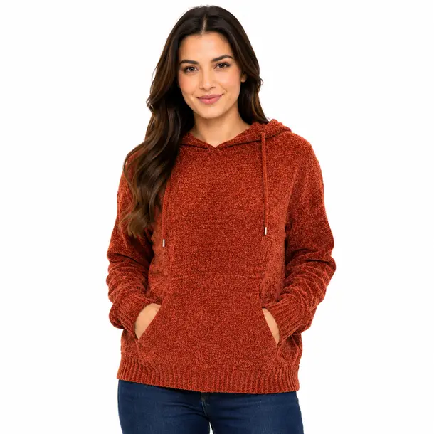 Blusão Feminino Manga Longa Tricô Mousse com Capuz .CJD45 Terracota
