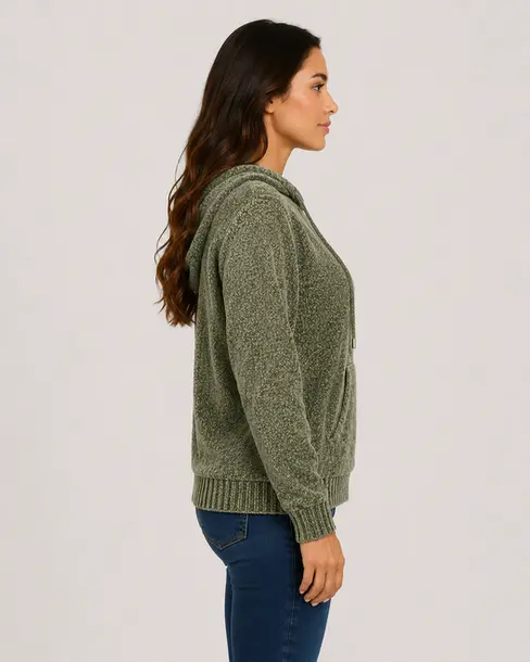 Blusão Feminino Manga Longa Tricô Mousse com Capuz .CJD45 Verde