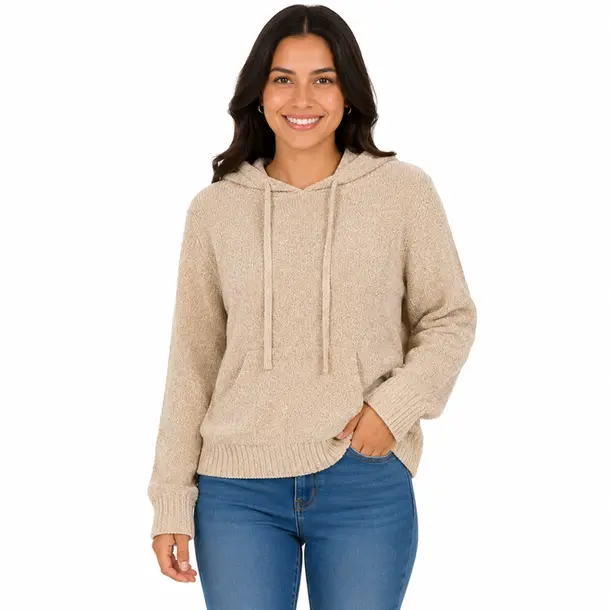 Blusão Feminino Manga Longa Tricô Mousse com Capuz .CJD45 Bege