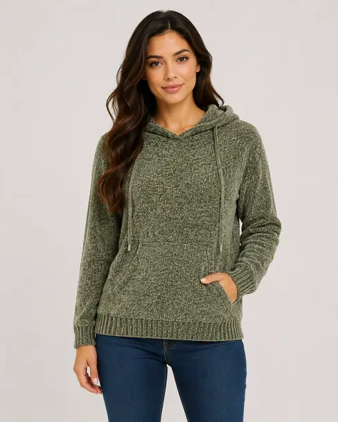 Blusão Feminino Manga Longa Tricô Mousse com Capuz .CJD45 Verde