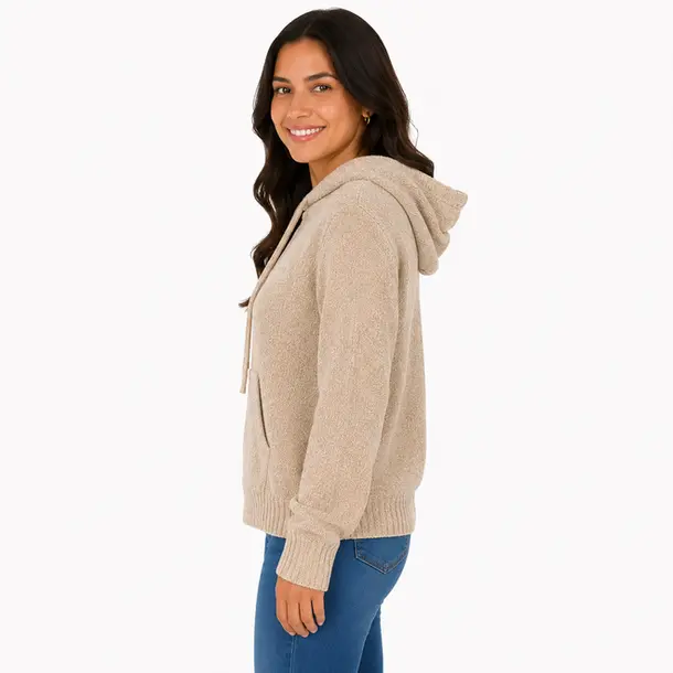 Blusão Feminino Manga Longa Tricô Mousse com Capuz .CJD45 Bege