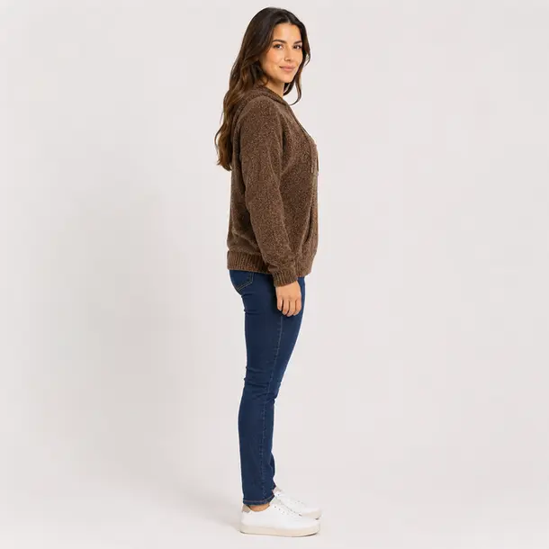 Blusão Feminino Manga Longa Tricô Mousse com Capuz .CJD45 Marrom