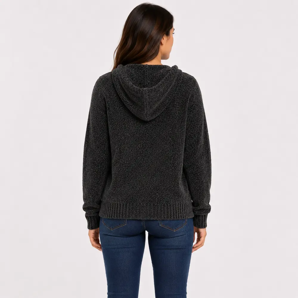 Blusão Feminino Manga Longa Tricô Mousse com Capuz .CJD45