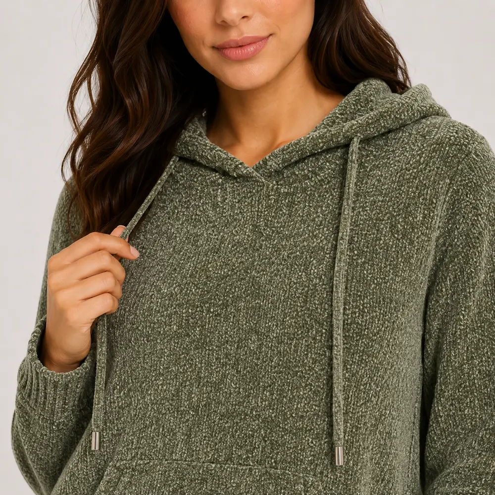 Blusão Feminino Manga Longa Tricô Mousse com Capuz .CJD45