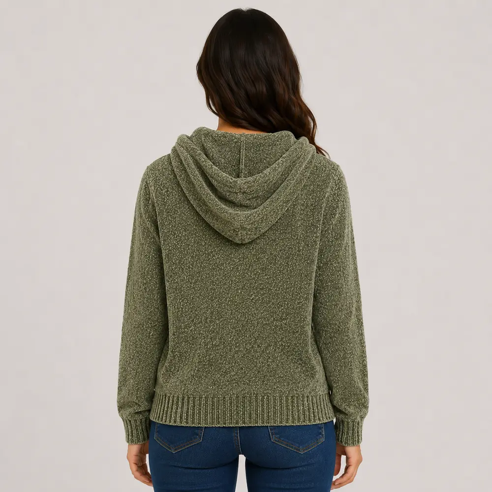 Blusão Feminino Manga Longa Tricô Mousse com Capuz .CJD45