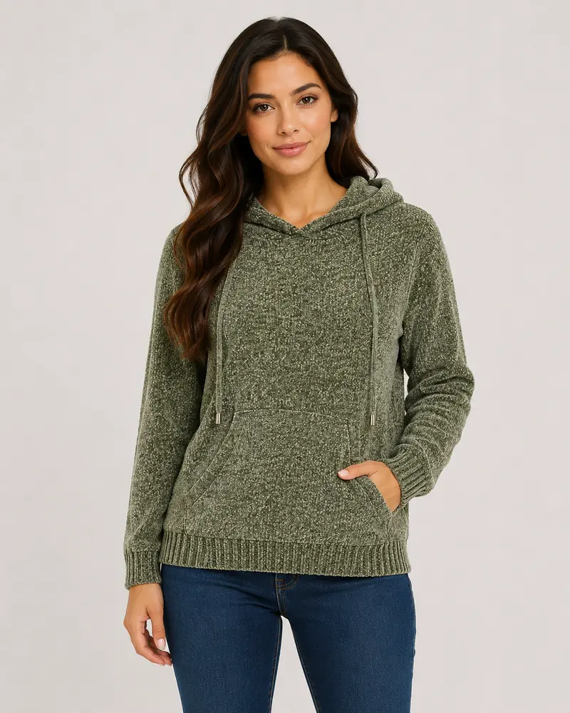 Blusão Feminino Manga Longa Tricô Mousse com Capuz .CJD45