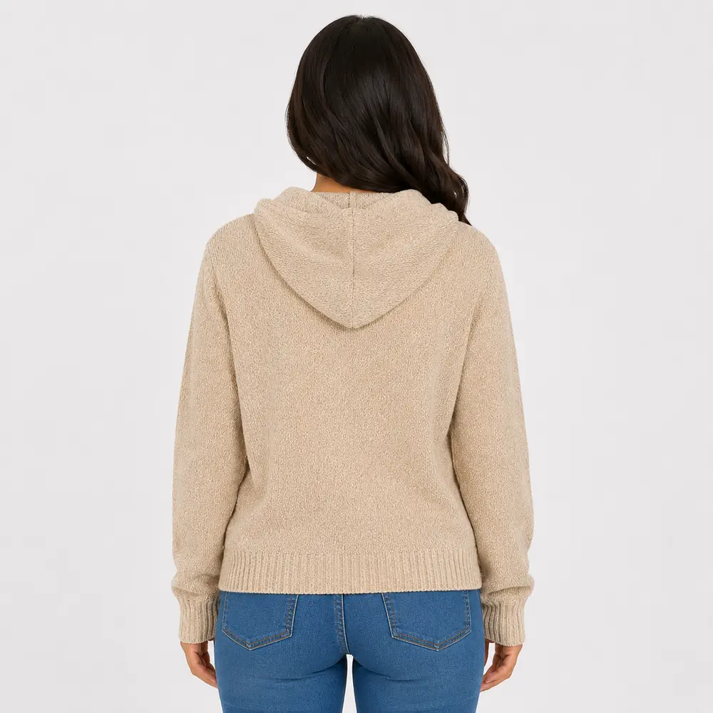 Blusão Feminino Manga Longa Tricô Mousse com Capuz .CJD45