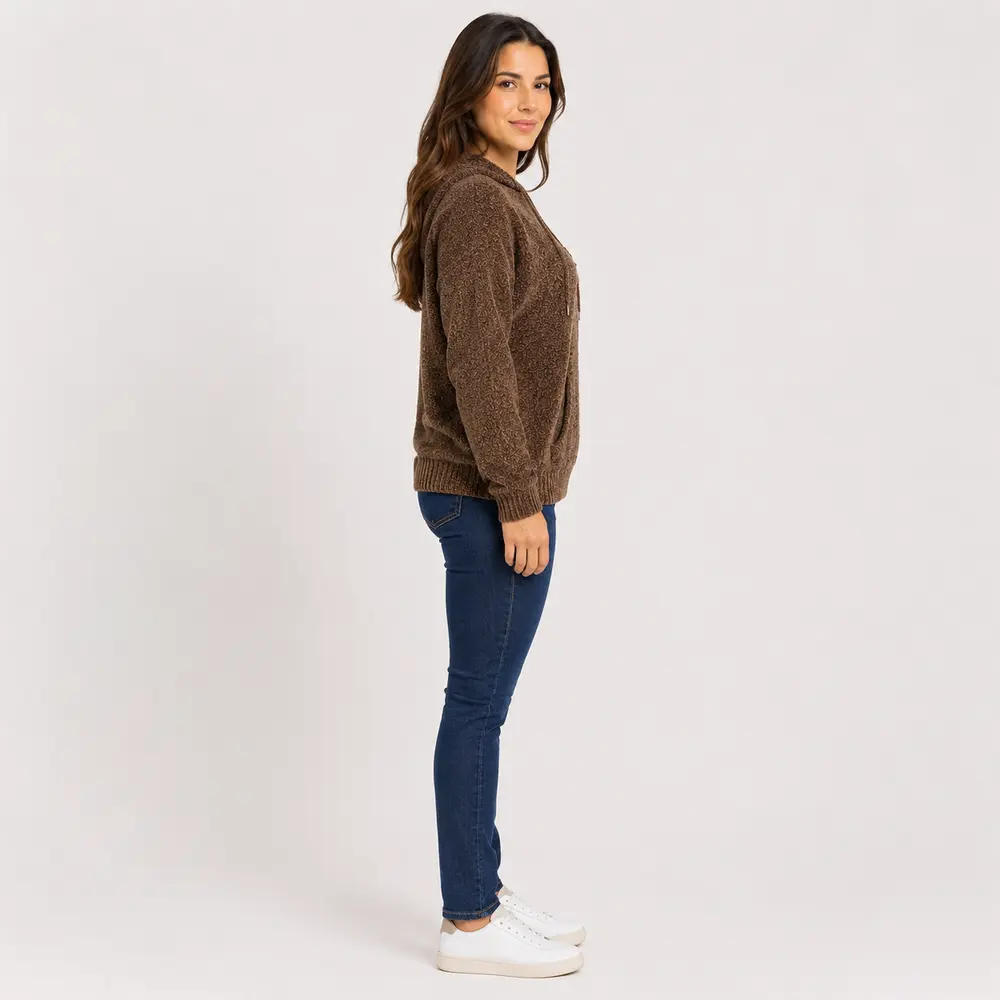 Blusão Feminino Manga Longa Tricô Mousse com Capuz .CJD45