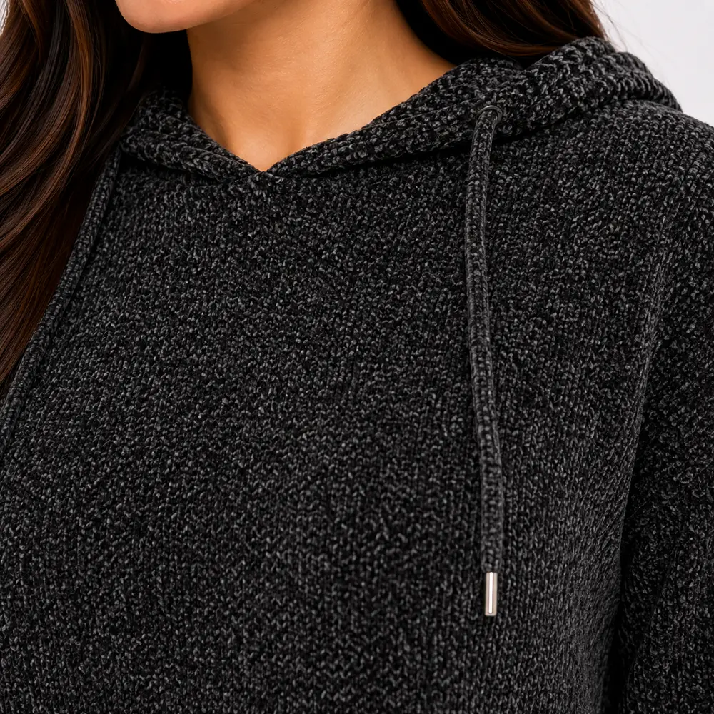 Blusão Feminino Manga Longa Tricô Mousse com Capuz .CJD45