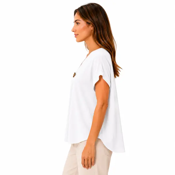 Blusa Feminina Ampla Gola V com Botão .LA3385 Branco