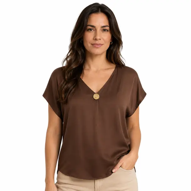 Blusa Feminina Ampla Gola V com Botão .LA3385 Marrom
