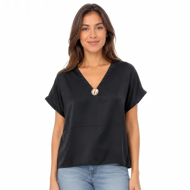 Blusa Feminina Ampla Gola V com Botão .LA3385 Preto