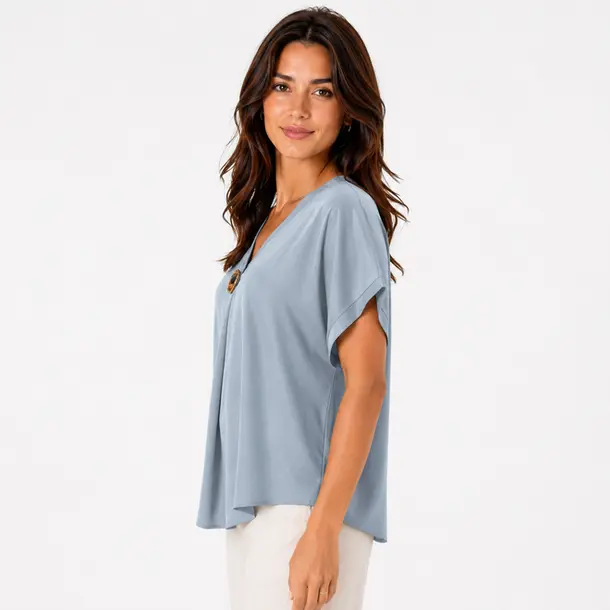 Blusa Feminina Ampla Gola V com Botão .LA3385 Azul