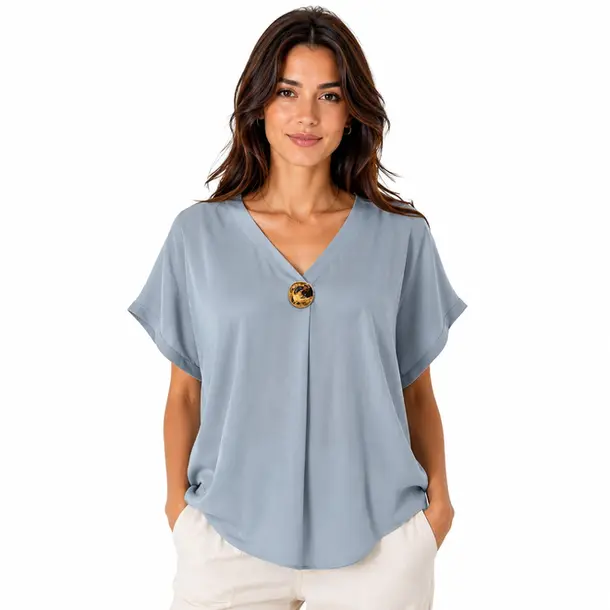 Blusa Feminina Ampla Gola V com Botão .LA3385 Azul